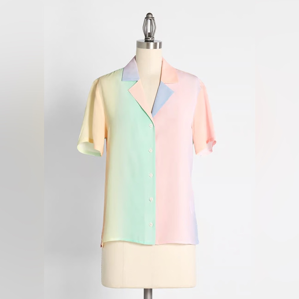 ModCloth NWT Call It a Classic Silk Camp Collar Shirt in Ombré Rainbow - Large